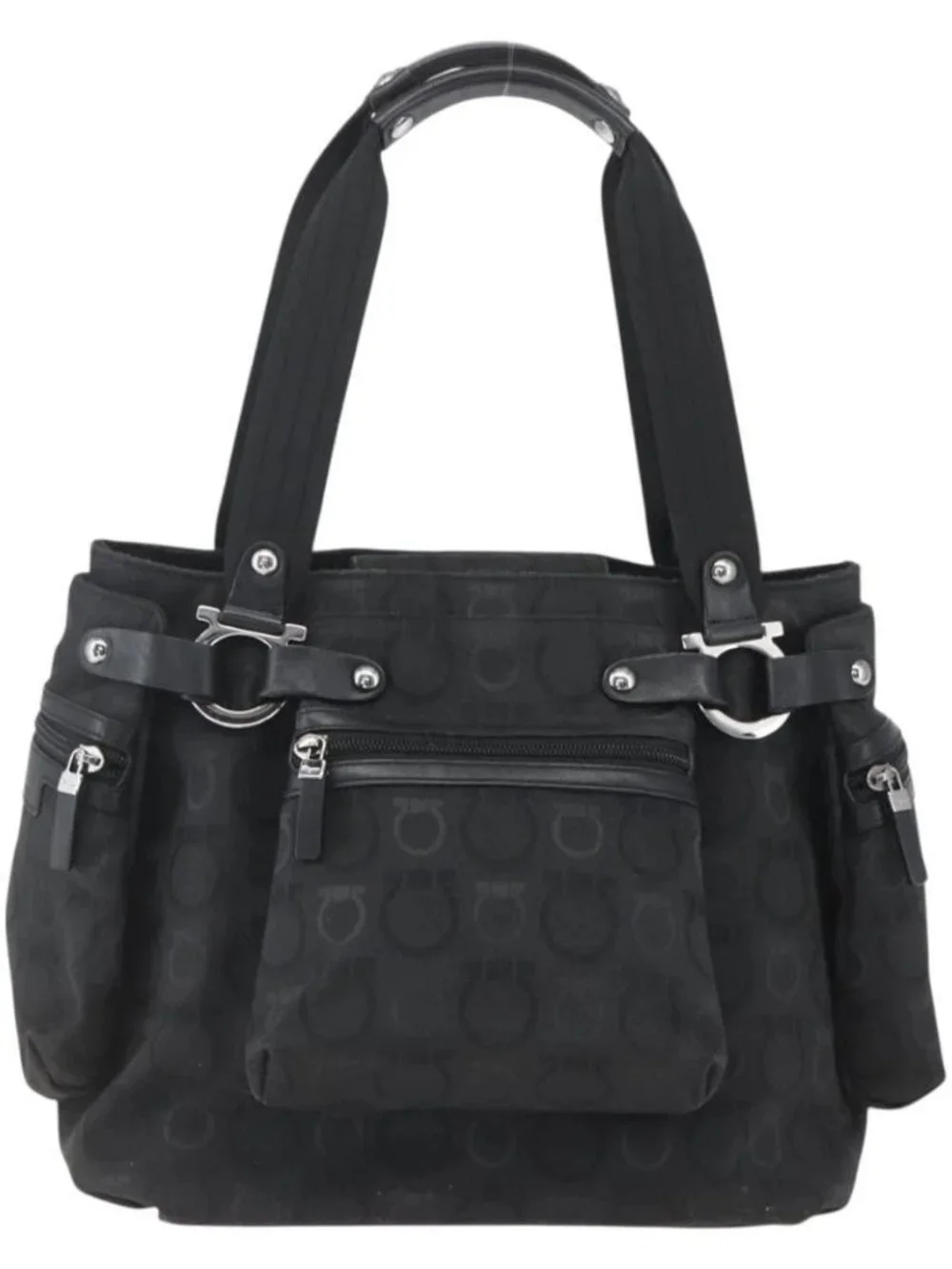 Salvatore Ferragamo Gancini Tote Bag Nylon Black Silver Auth BA9401